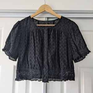 J. Crew Women's Black Button Down Cotton Eyelet Cropped Boho Blouse Size Large
